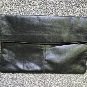 Genuine leather black purse fold over flap clutch pocket book formal  - Q1470